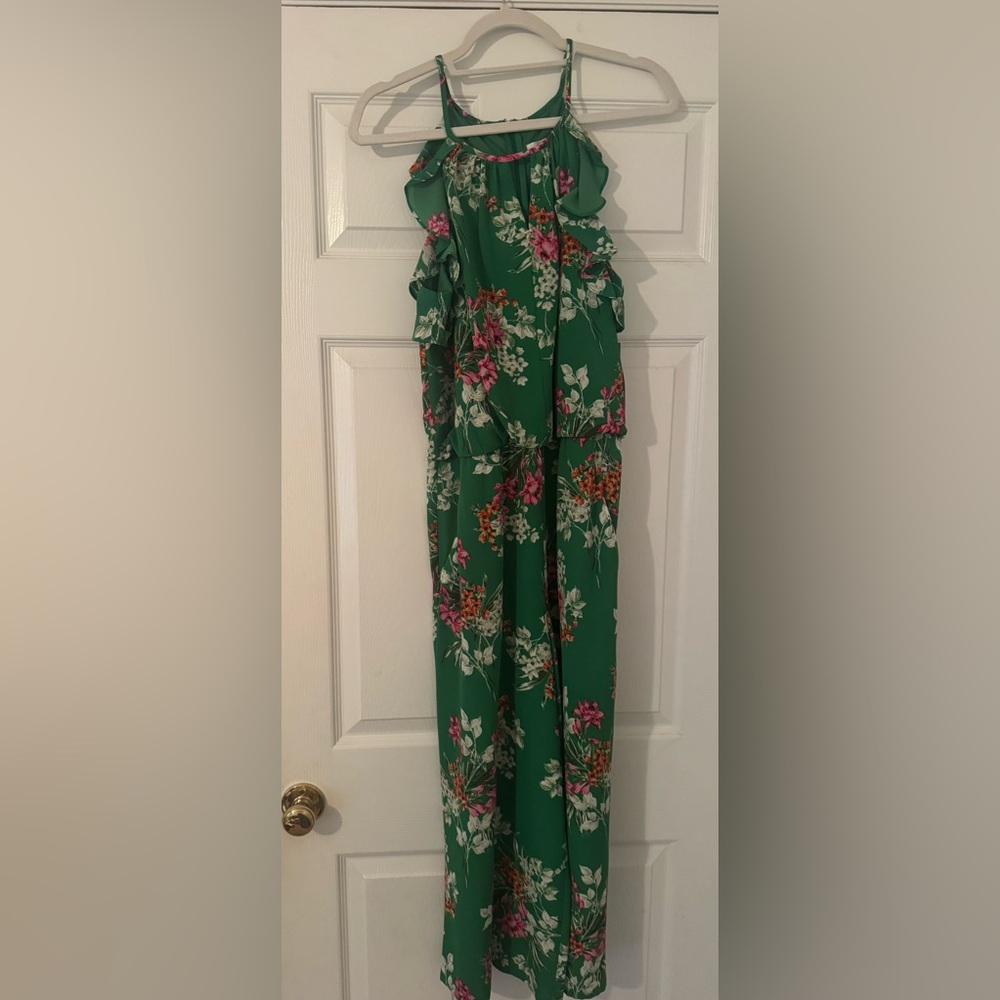 London Times Green Floral Ruffle Jumpsuit
